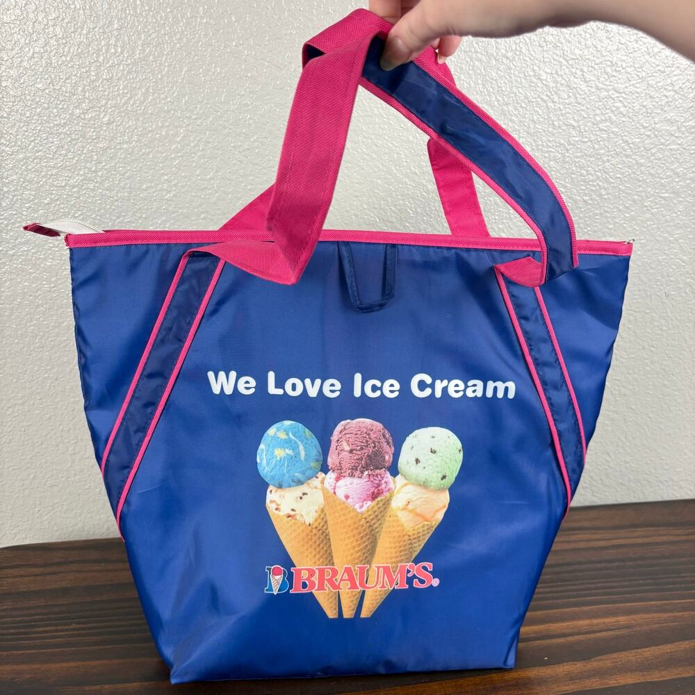 Braums Ice Cream Blue Pink Insulated Shoulder Grocery Bag Tote w Pocket Oklahoma